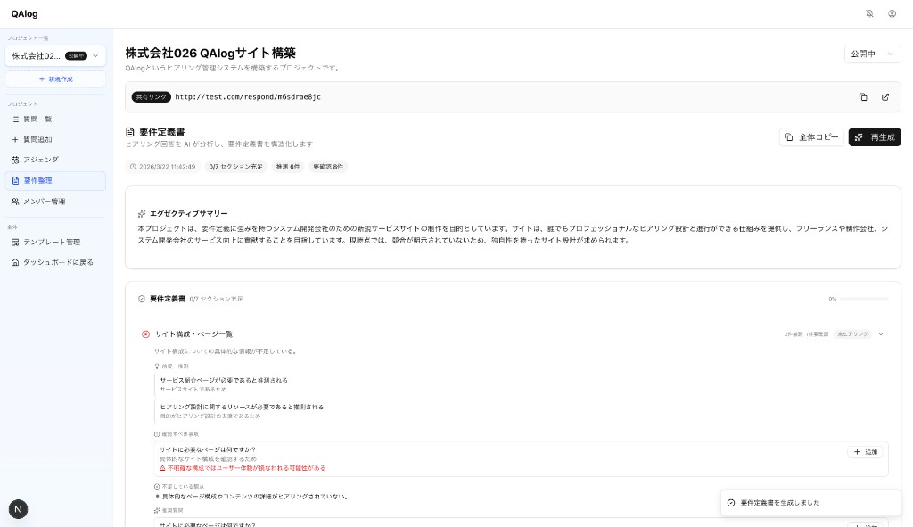 要件整理画面。AI がヒアリング結果を分析し、要件定義書を構成。不足観点や確認事項も表示